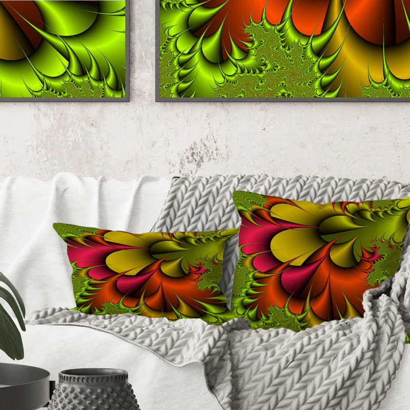 Vert et rouge avec fleurs numériques abstraites - Coussin décoratif imprimé moderne, 18 po x 18 po