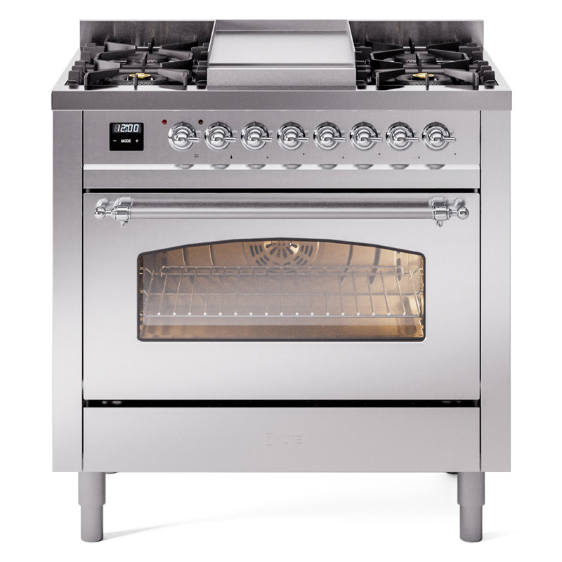 ILVE Nostalgie II Series 36 inch Dual Fuel Range with 6 Burners, Griddle (Glass Door), Stainless Steel/Chrome, Natural Gas