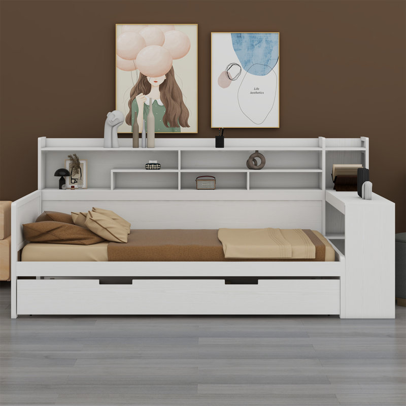 Wooden Daybed With Storage Shelves, Multi-Functional Bed With Trundle Bed And Study Desk, Antique White