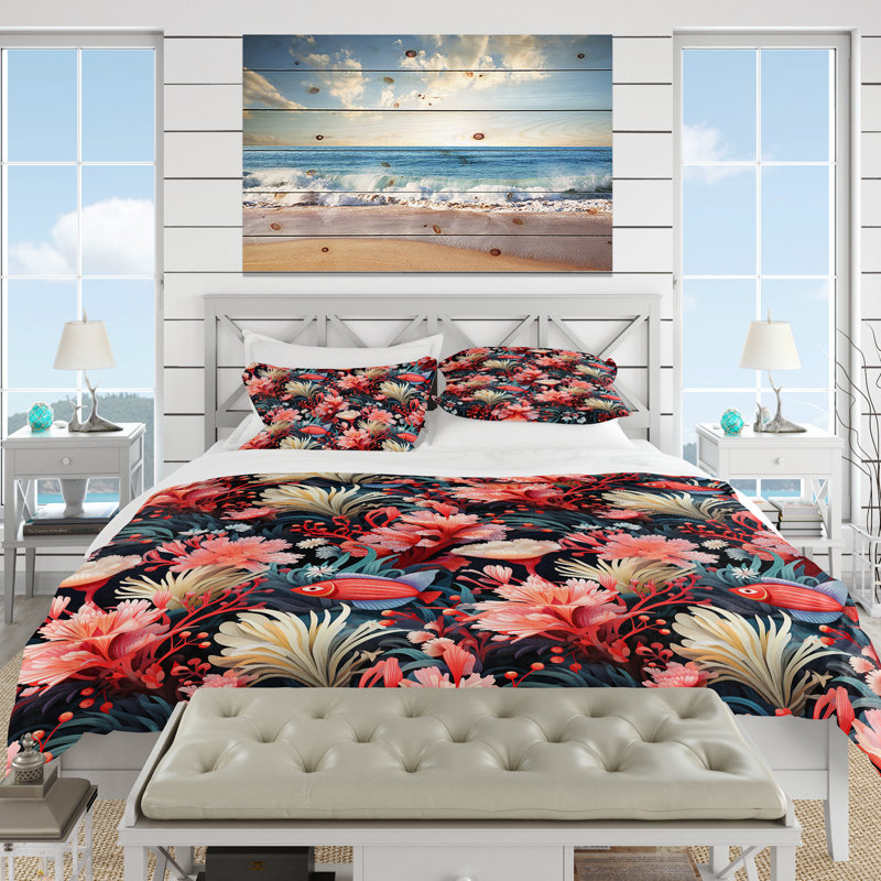Ensemble de housse de couette Vibrant Coral Haven Coastal, Housse de couette simple + 1 taie décorative stan