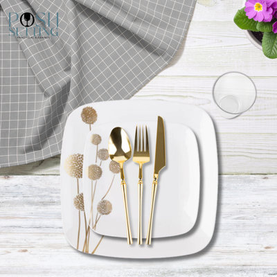 Posh Setting 420 Piece White And Gold Plastic Party Bundle - Dandelion (60 Settings)