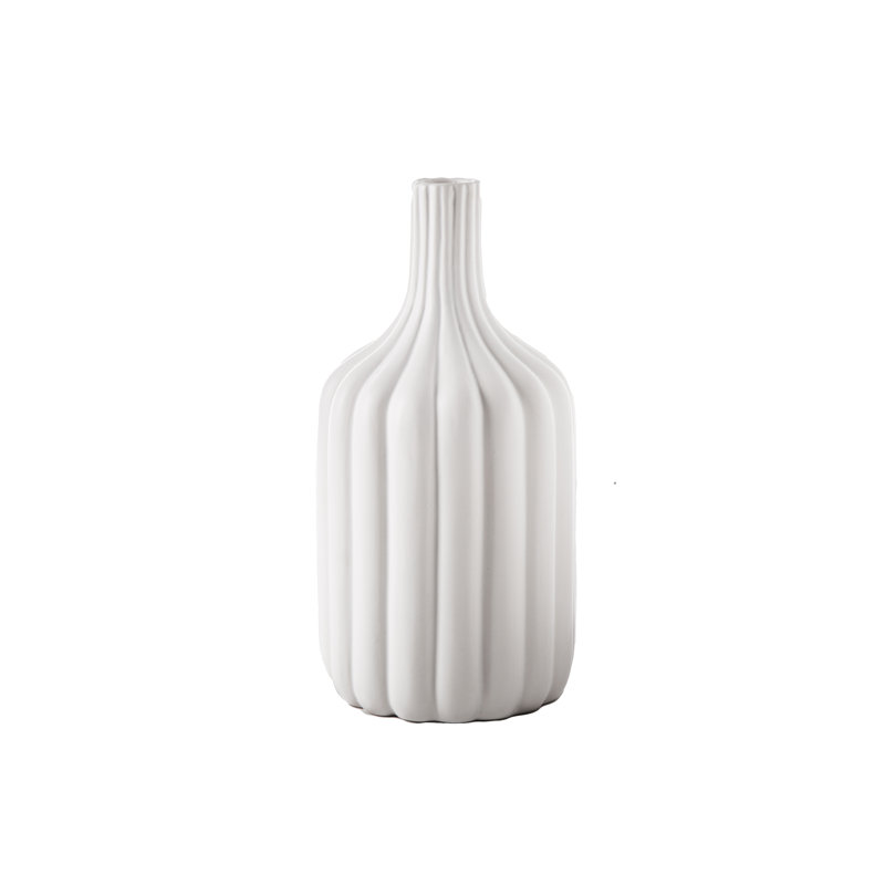 Vase en céramique rond avec embouchure étroite et colonne en relief au fini mat blanc LG, H 12 po x l 6 po x P 6 po