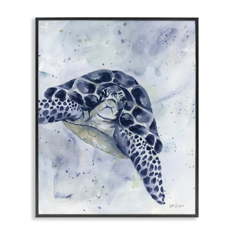 Natation, tortue bleue, estampe numérique par Yvette St. Amant, Giclée encadrée noir minuit, H 14 po x l 11 po