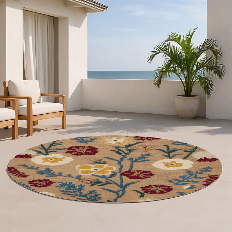 Tapis d'intérieur et d'extérieur brun Botanical, Rond 5 pi