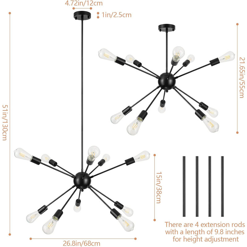 Plafonnier 10 lumières Sputnik Chandelier, Noir mat, Noir