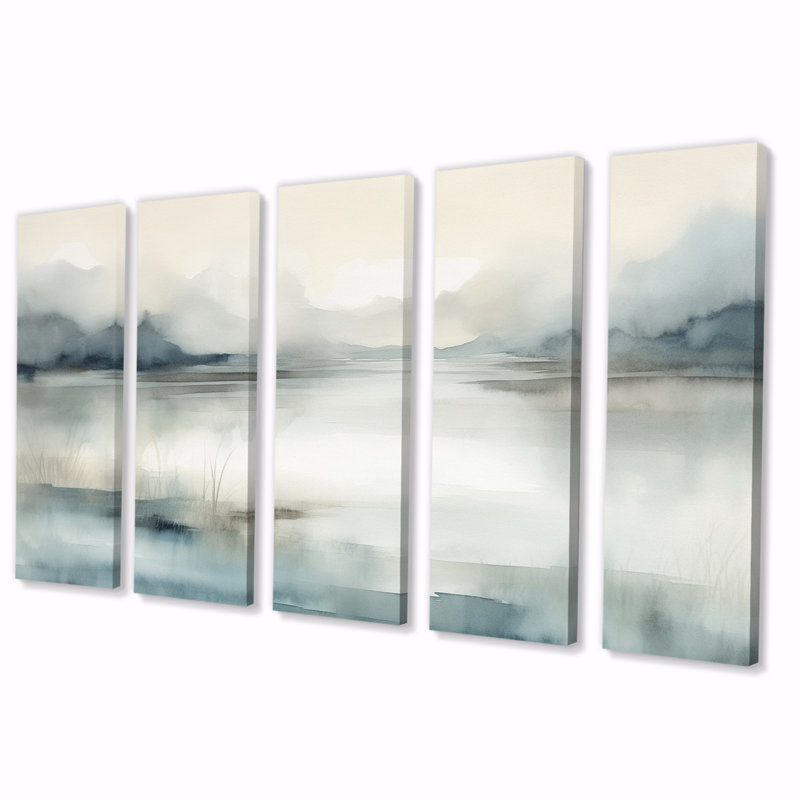 «Misty Lake Tranquility Retro Watercolor II», reproduction d'art murale - 5 panneaux égaux
