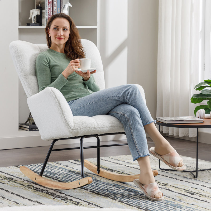 Nursing Rocking Chair, Teddy Glider Chair for Nursery, Comfy Living Room Armchairs with High Backrest for Adults, Ivory