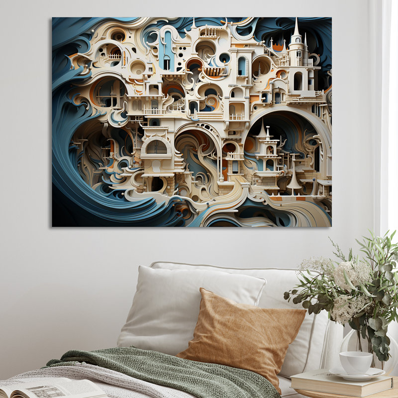 «Surréalisme World Cultures Temple I», art mural surréalisme, H 16 po x l 32 po x P 1 po, Toile tendue