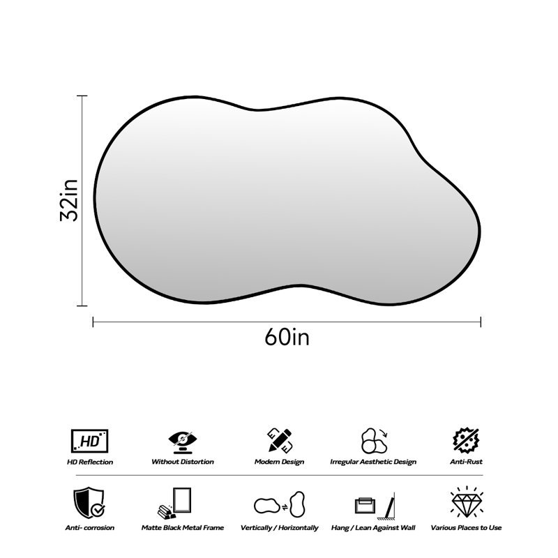 Asymmetrical Cloud Shaped Wall Mirror – Matte Black Frame, Easy Installation, 32" x 60"