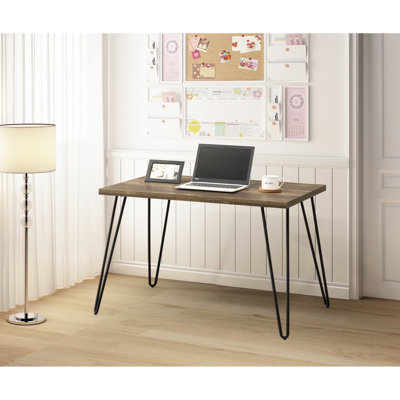 Bureau rustique en chêne avec accessoires décoratifs en métal, taupe et métal, conception ouverte peu encombrante, profondeur de 24,34 po, largeur de 47,51 po, ornements en hauteur de 29,21 po, + métal, pour plus d'efficacité, 30 po