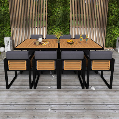 18-Pieces Acacia Wood Patio Dining Set, Space Saving Outdoor Patio Set, 8 Cushioned Chairs & 8 Ottomans & 2 Square Table