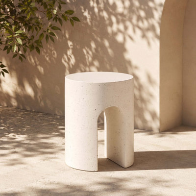 White Travertine Terrazzo Look MGO Outdoor Side Accent End Table, Weather Resistant Furniture for Patio, Backyard & Garden