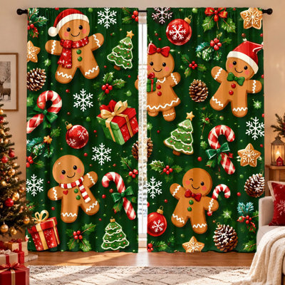 Ensemble de 2 rideaux de Noël avec motif de bonhomme en pain d'épices, tissu occultant, protection de l'intimité, œillets pour tringle, lavables à la machine, parfaits pour le salon, la chambre, le balcon, la cuisine et la décoration intérieure.