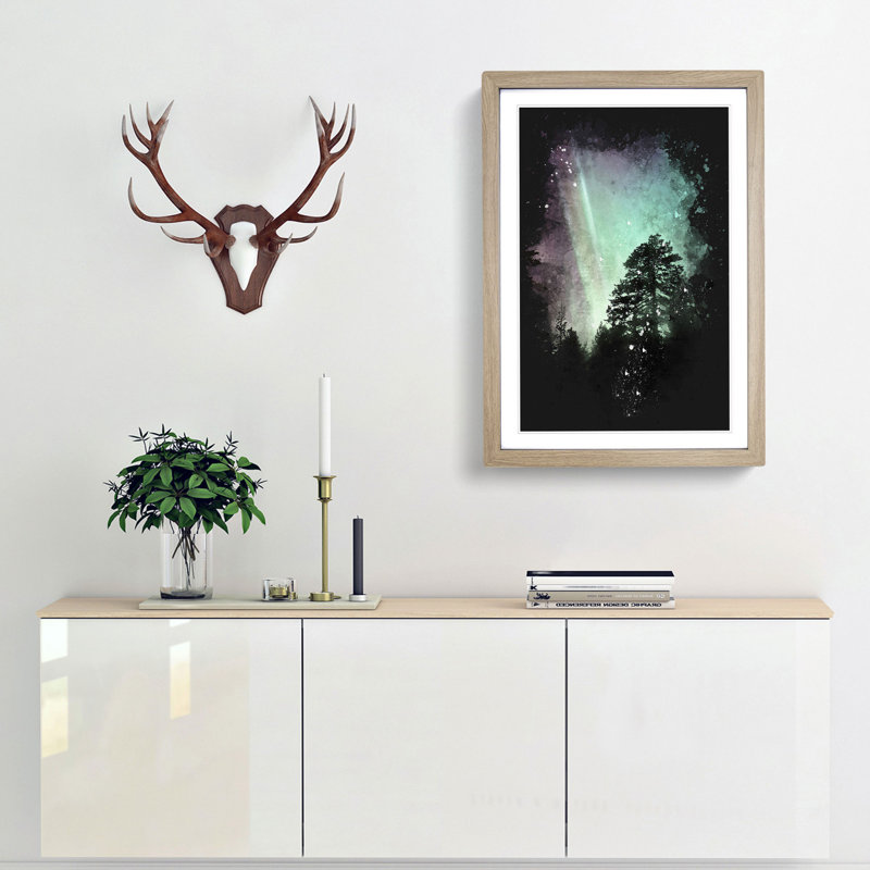 Northern Lights over the Forest - Picture Frame Graphic Art Print, 87cm H x 62cm W x 2cm D, Oak Framed
