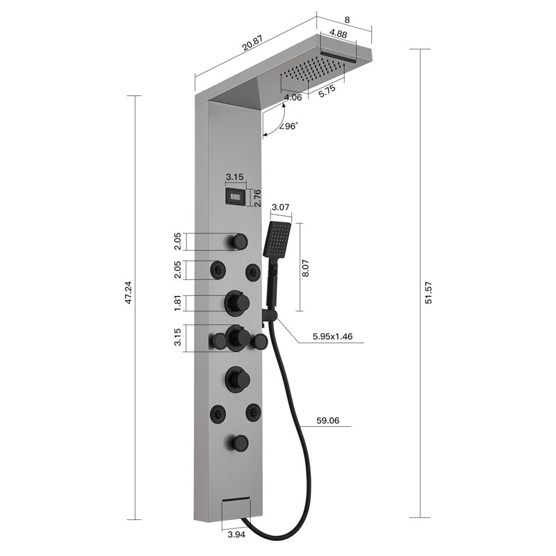 Panneau de douche 51 po avec pomme de douche double, Noir / nickel