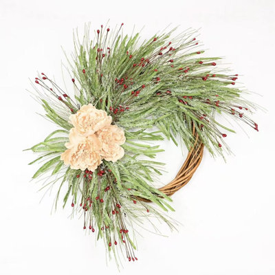 Couronne de pivoines artificielles 26 po, vert, froçon, herbe, baies rouges, hiver, couronne de fleurs pour la porte d'entrée, décoration de Noël