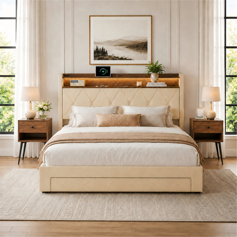 Ensemble de chambre à coucher 3 pièces, cadre de lit plateforme tapissier avec 2 tables de chevet, station de charge intégrée, tête de lit avec lumières à DEL, tiroirs roulants en treillis métallique, ensemble de meubles de chambre à coucher contemporains, aucun sommier nécessaire