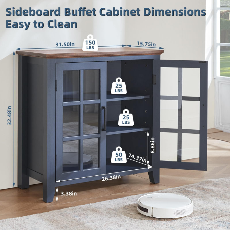 Farmhouse Sideboard Buffet Cabinet with 2 Glass Doors, Adjustable Shelves, Engineered Wood Coffee Bar Console Table, 2
