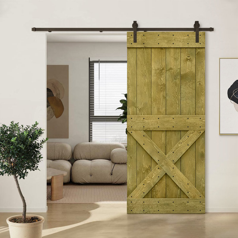 Porte de grange à panneaux et en bois avec quincaillerie d'installation, 40 po x 84 po, Vert jungle, Bronze huilé