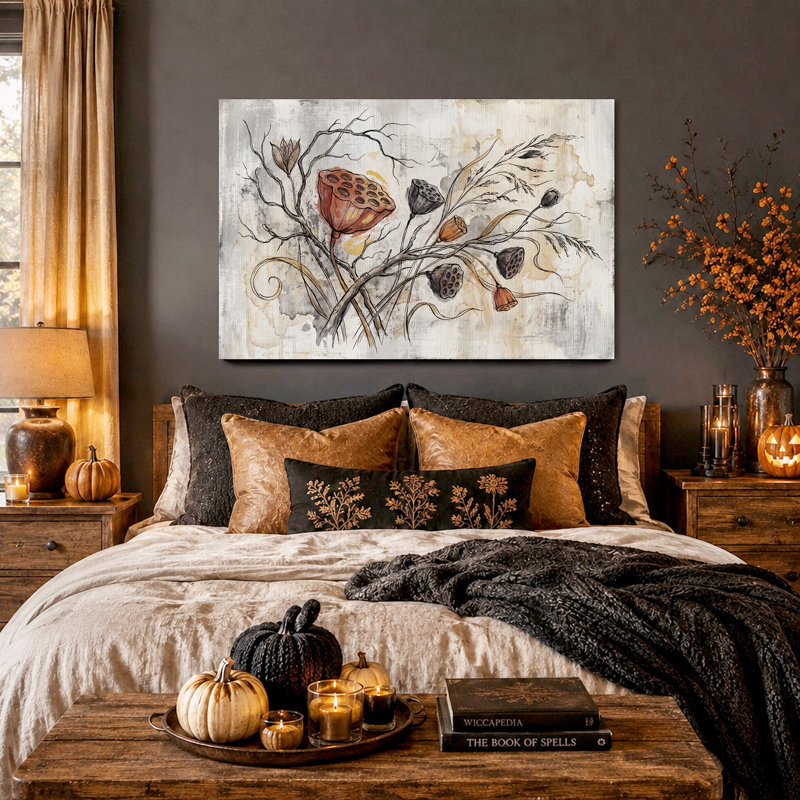 Aquarelle sur toile, cosses de lotus séchées, H 20 po x l 30 po