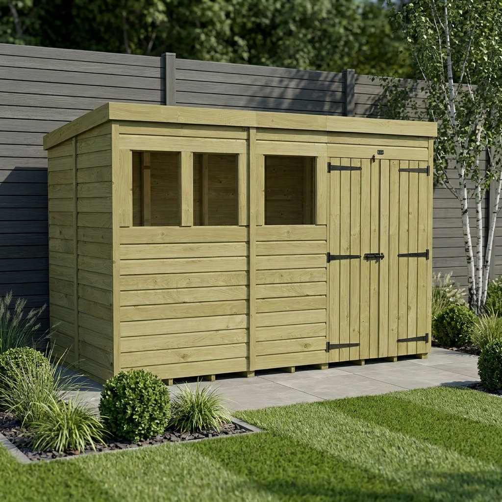 Total Sheds 12ft x 6ft Pent Garden Shed - Double Door - With Windows - Pressure Treated Timber - UK Manufactured