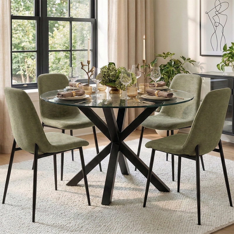 Ensemble de table de salle à manger pour 4 personnes avec table ronde en verre et 4 chaises rembourrées en chenille, Vert