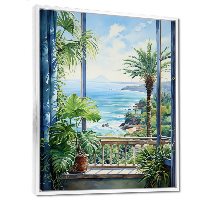 «Tropical Windows To The Beach II - Coastal Windows», art mural, Cadre flottant blanc, H 32 po x l 24 po x P 1 po
