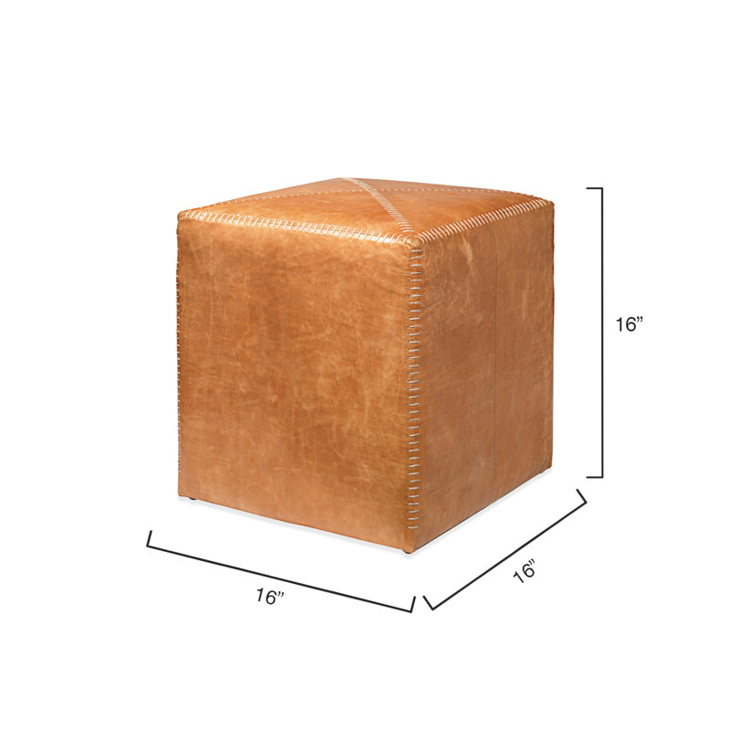 Small Buff Brown Leather Ottoman with Whipstitch