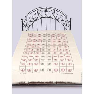 Exotic India Pure Cotton Queen Size White and Black Bedspread with All-over Ikat Weave