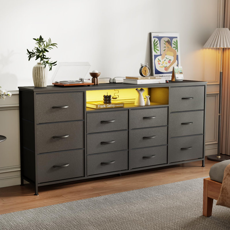 63" Dresser TV Stand for 65-75 Inch TVs, Fabric Chest with Charging Station, LED Lights & 12 Drawers, Black