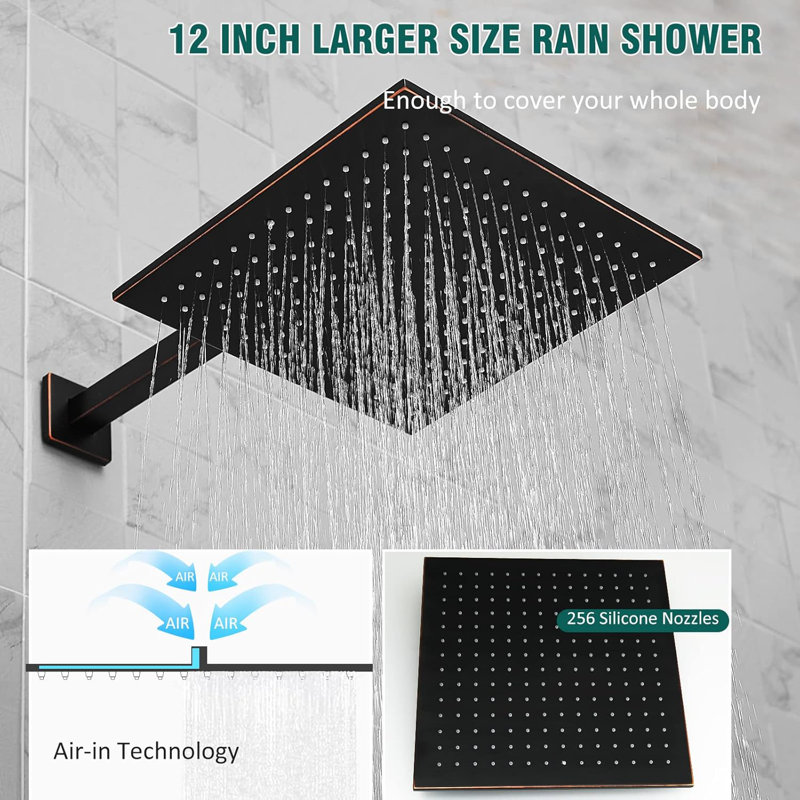 Hoimpro 12 Inch Shower Head System With 2-In-1 Handheld Sprayer, High Pressure Rainfall Shower Head, Brass Faucet Valve Kit, - Includes Shower Arm, Hose And Holder