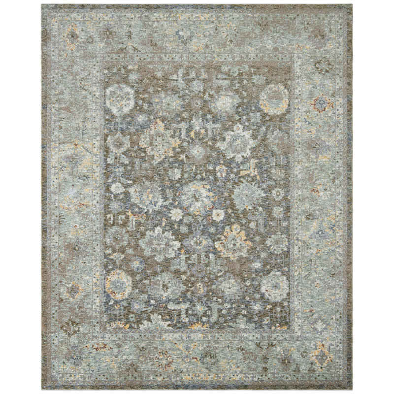 Narooma Mocha Blue Floral Area Rug, Rectangle 5'6" x 8'6"