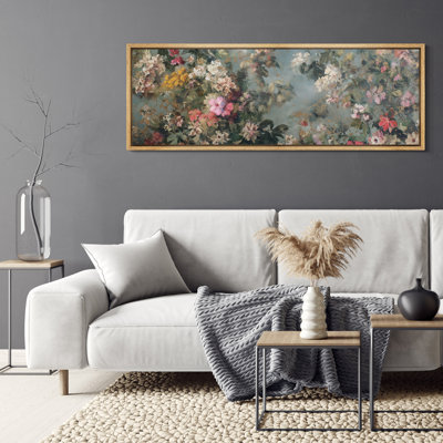 Romantic Garden Floral Scene with Lush Blossoms and Atmospheric Background - Large Framed Canvas Master Bedroom Wall Art Print