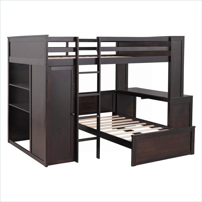 Petit lit plateforme multifonctionnel en bois massif brun riche avec bureau, tablettes, garde-robe et lit simple supplémentaire