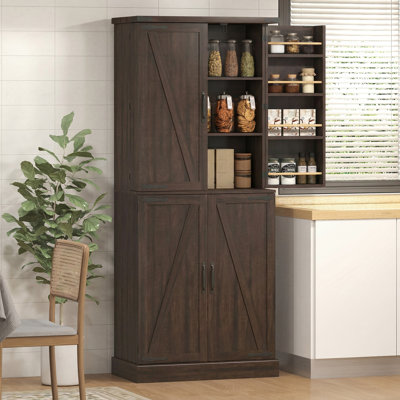 72" Tall Pantry Cabinet, Storage Cabinet with 8 Door Racks, Brown