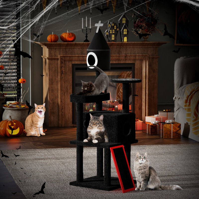 Cercueil 64 po avec arbre à chat 64 po avec perchoir supérieur, condos, poteau à griffes et échelle pour grands chats 22 lb, noir et rouge