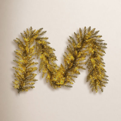 The Holiday Aisle® 9' x 14" Gold Tinsel Artificial Garland with Warm White LED Lights.