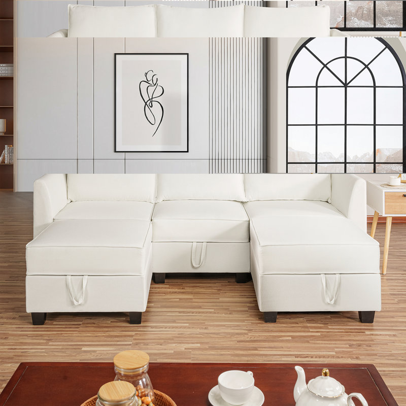 Myshia Modular Reversible U-Shaped Sectional Sofa with Double Ottoman Linen Couch with Storage Seat, White 100% Linen
