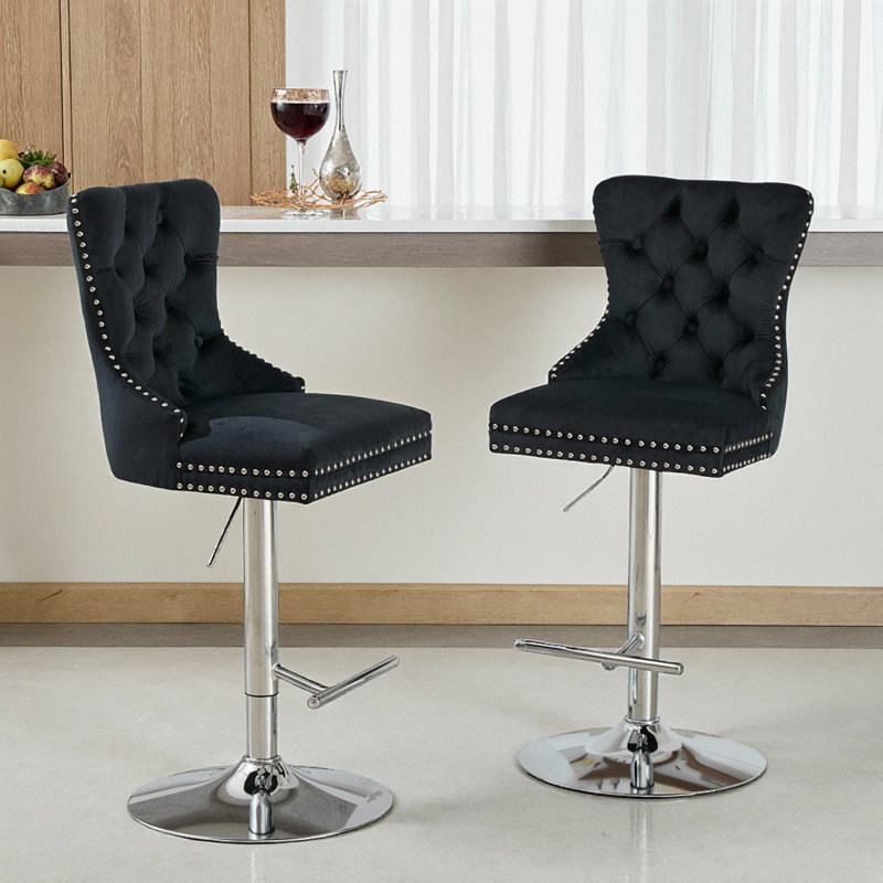 Set of 2 Black Velvet Adjustable Bar Stools, Swivel Chrome Base w/ Tufted Back & Diamond Pleating, 25-33" Height, Black