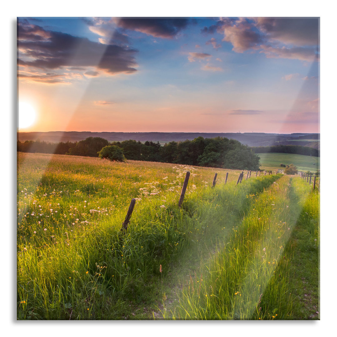 Glasbild Bergwiese im Sonnenaufgang