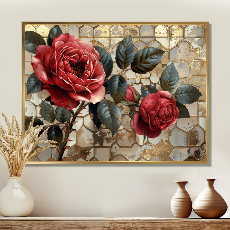 «Red Rose Vintage Silver Gold I - Roses», art mural, Toile avec cadre flottant or, H 12 po x l 20 po x P 1 po