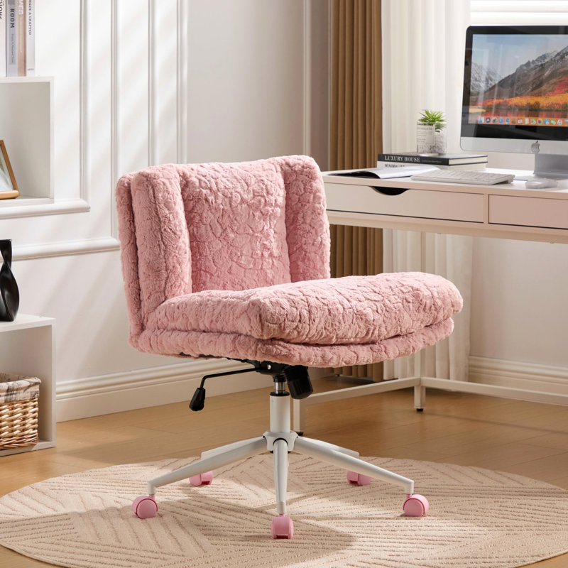 Chaise pivotante en fausse fourrure rose avec siège de 26,4 pouces, inclinaison réglable, coussin double, pour bureau et garde-robe