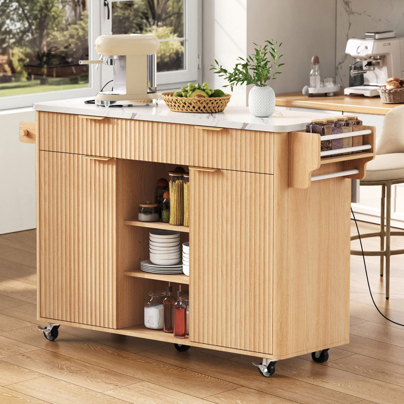 Wilbert 52" Fluted Kitchen Island with Drop Leaf, Shelves & Drawers, Natural