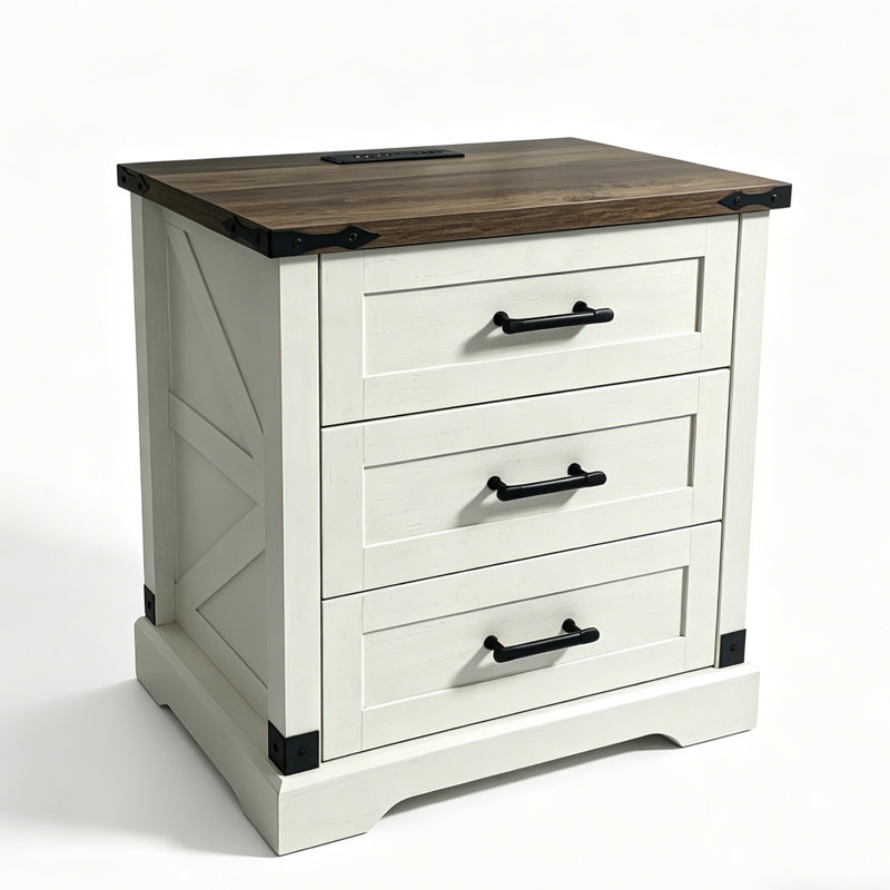 Table de chevet 3 tiroirs Modern Farmhouse avec station de charge intégrée