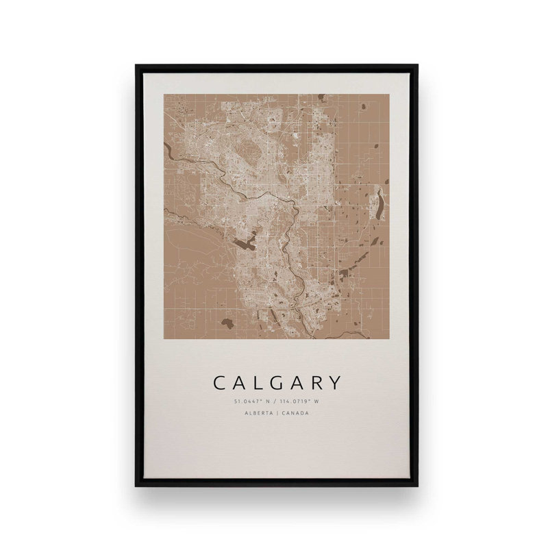 Calgary Street Map, reproduction d'art sur toile, 12 po x 18 po, Cadre flottant noir satiné