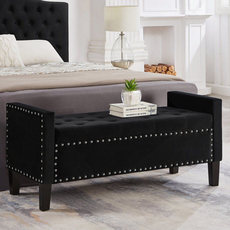 Banc rembourré capitonné avec rangement à boutons et garniture cloutée, siège d'entrée rembourré pour salon, Noir
