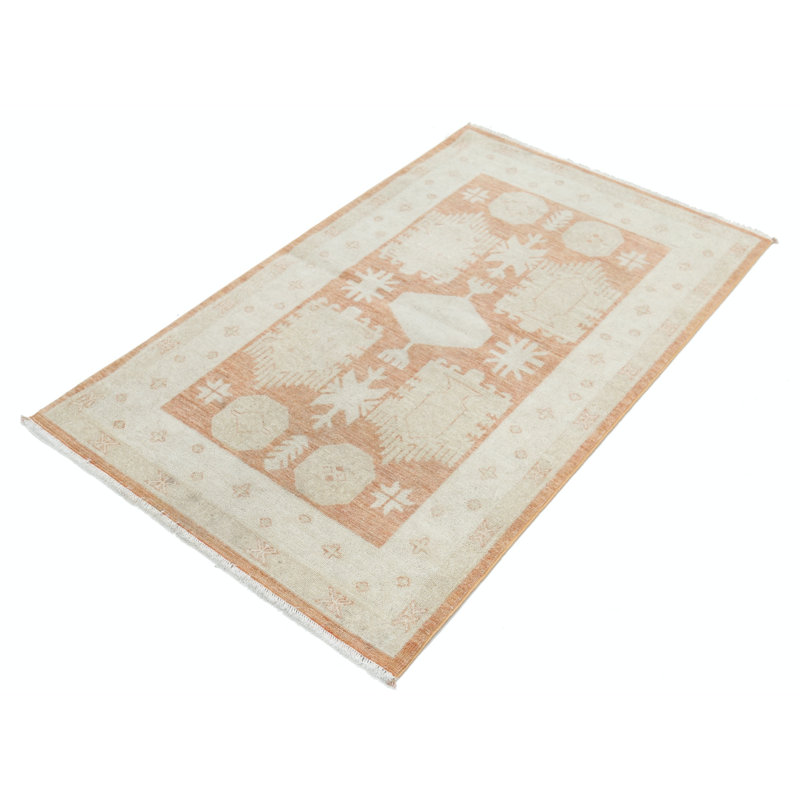 Tapis beige en laine noué à la main 3 pi x 5 pi, motif tribal turc
