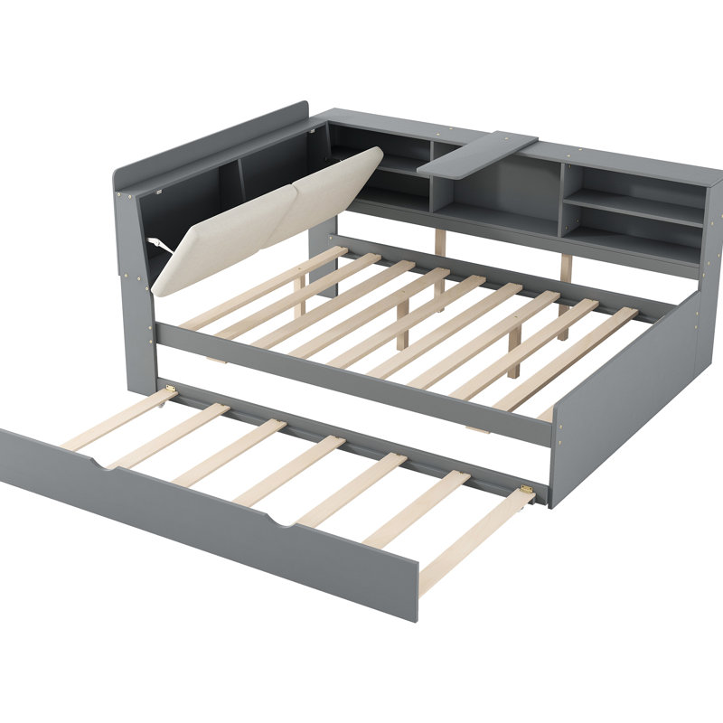 Gris, lit double, base de lit en bois, lit gigogne, plateau de rangement rotatif, tête rembourrée avec tablettes, Gris foncé