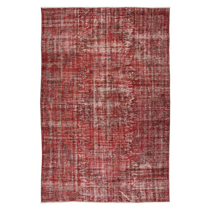 6x8.6 Ft Distressed Handmade Turkish Rug Over-Dyed in Burgundy Red for Modern Interiors