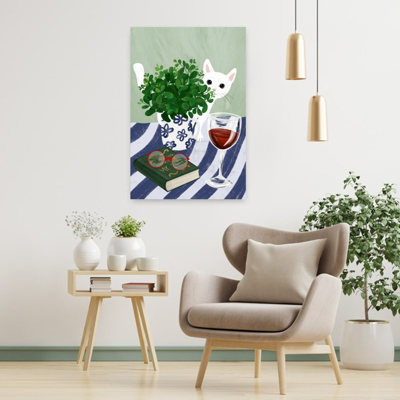 Cozy Cat, lecture, coin, chat, plante, art mural, H 36 po x l 24 po